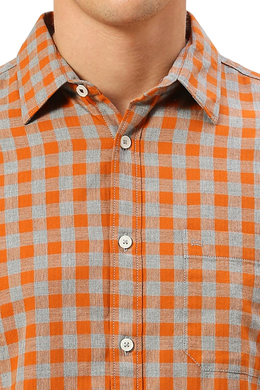 BASICS SLIM FIT AMBERGLOW ORANGE COTTON TWILL MELANGE CHECKS SHIRT