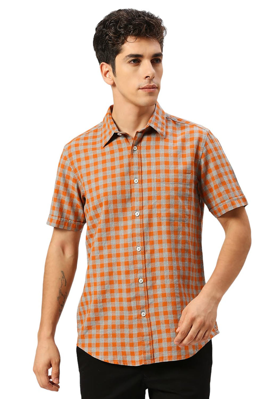 BASICS SLIM FIT AMBERGLOW ORANGE COTTON TWILL MELANGE CHECKS HALFSLEEVES SHIRT