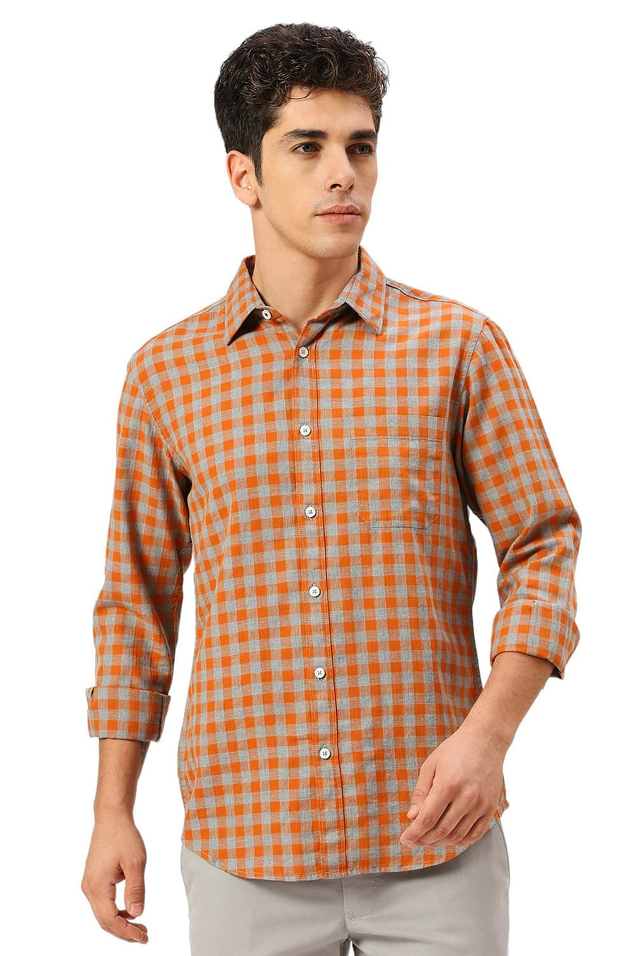BASICS SLIM FIT AMBERGLOW ORANGE COTTON TWILL MELANGE CHECKS SHIRT