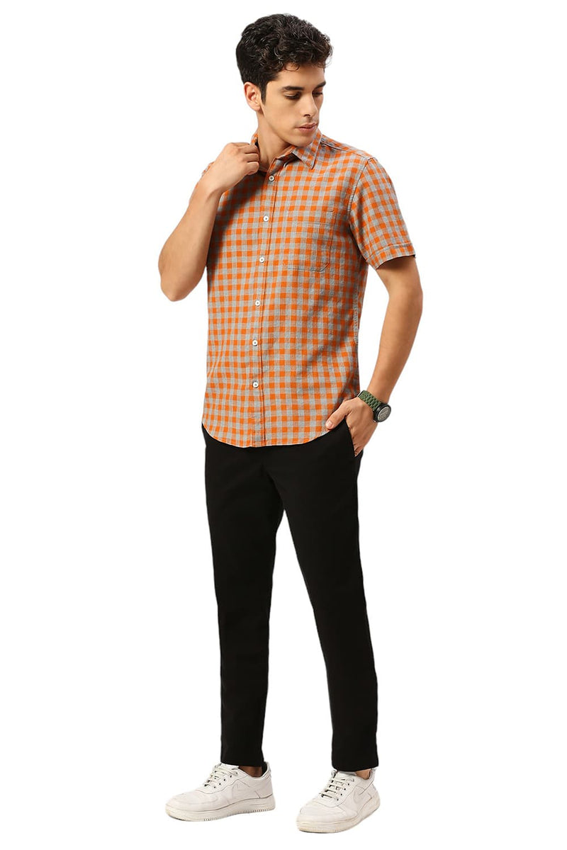 SLIM FIT COTTON TWILL MELANGE CHECKS HALFSLEEVES SHIRT