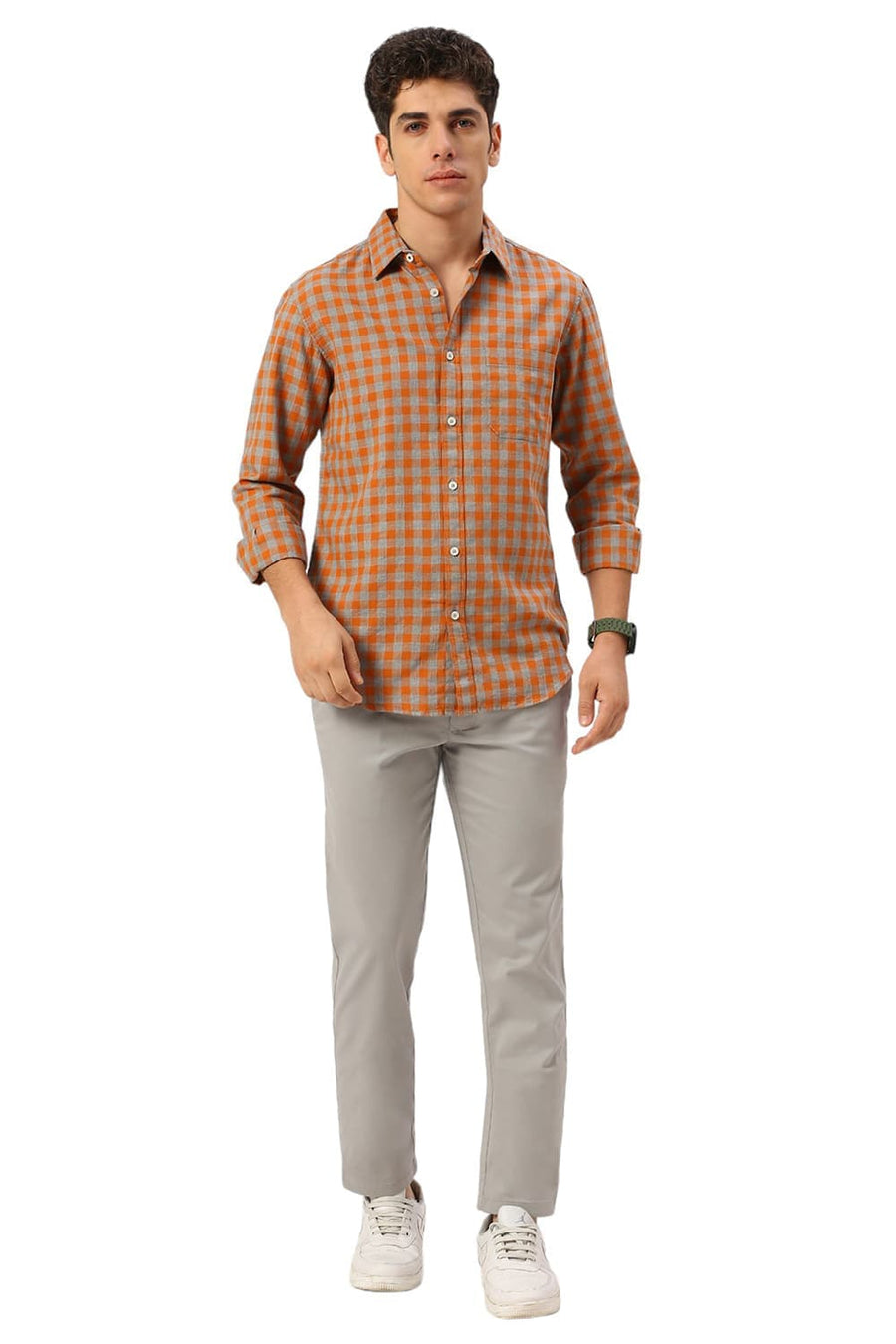 BASICS SLIM FIT AMBERGLOW ORANGE COTTON TWILL MELANGE CHECKS SHIRT