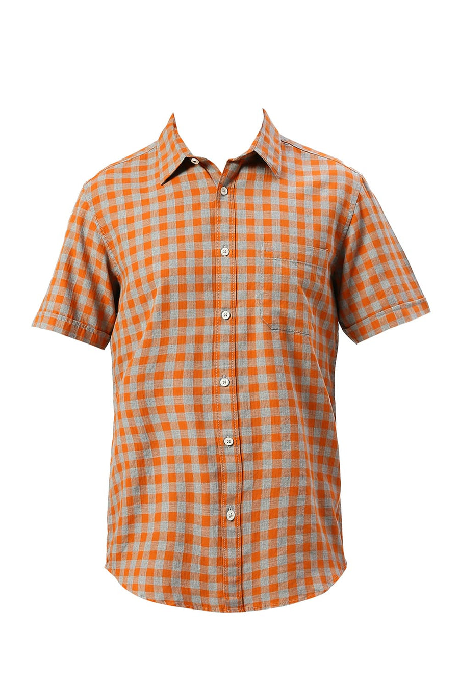 BASICS SLIM FIT AMBERGLOW ORANGE COTTON TWILL MELANGE CHECKS HALFSLEEVES SHIRT