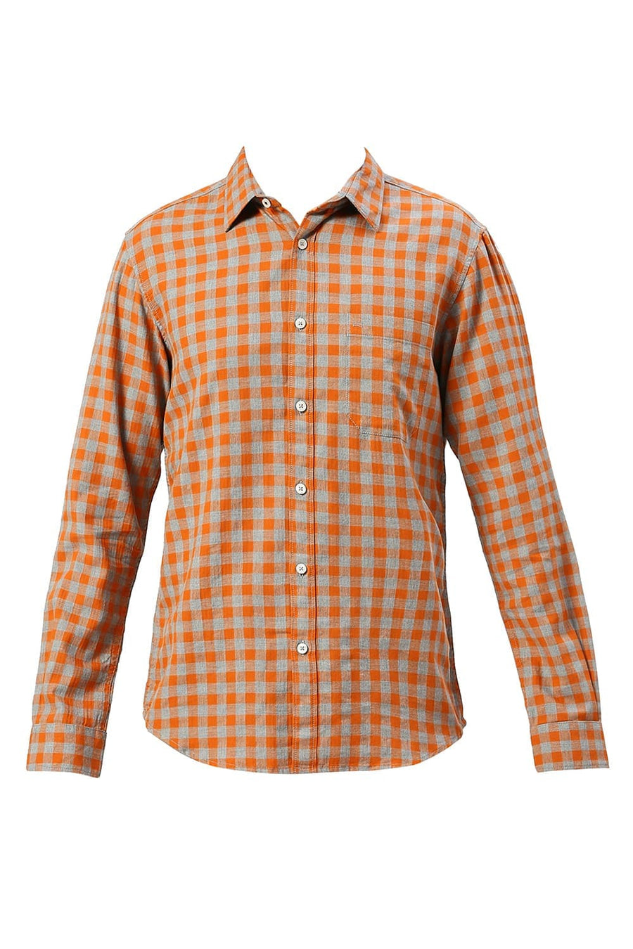 BASICS SLIM FIT AMBERGLOW ORANGE COTTON TWILL MELANGE CHECKS SHIRT
