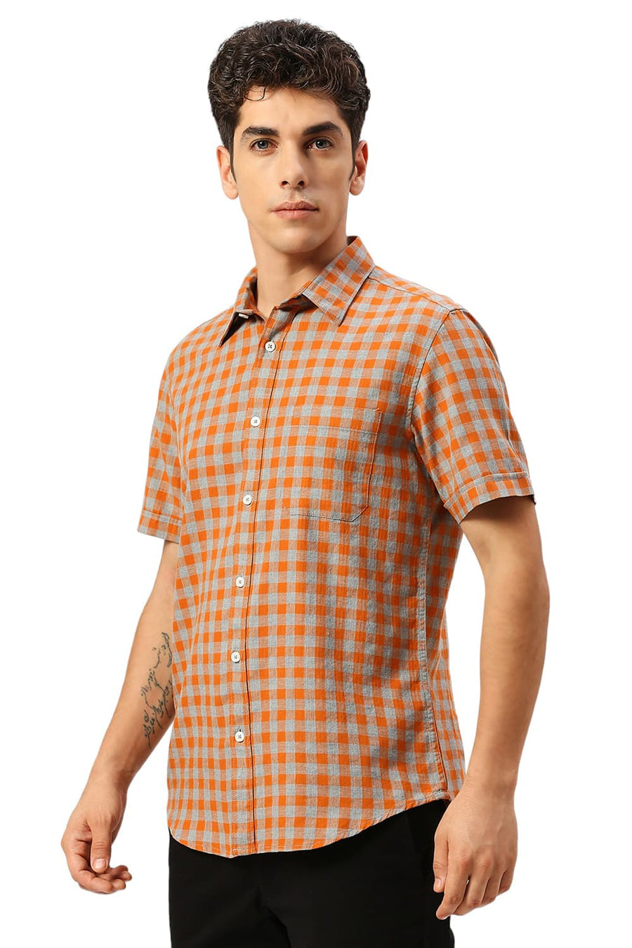 BASICS SLIM FIT AMBERGLOW ORANGE COTTON TWILL MELANGE CHECKS HALFSLEEVES SHIRT