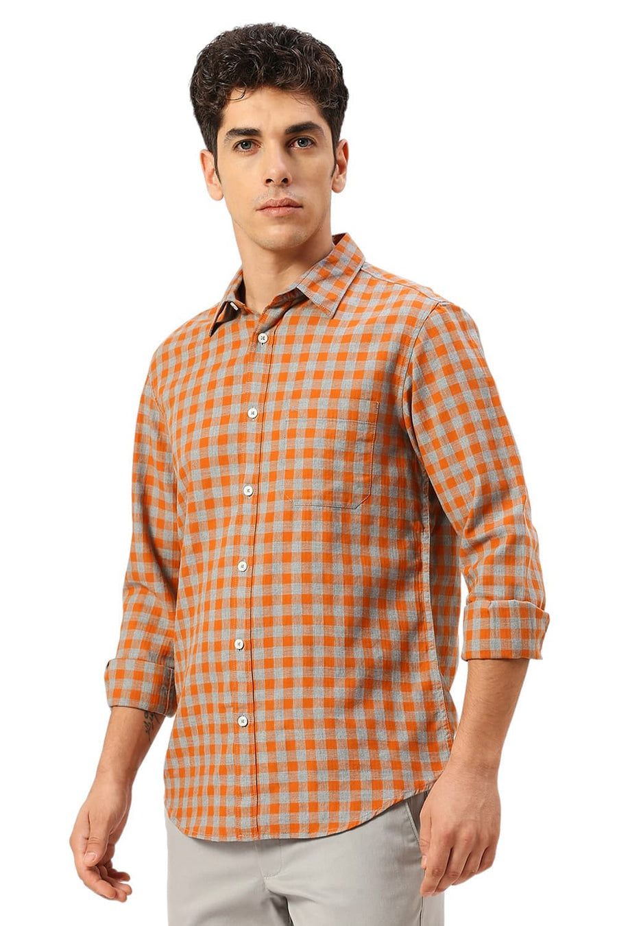 BASICS SLIM FIT AMBERGLOW ORANGE COTTON TWILL MELANGE CHECKS SHIRT