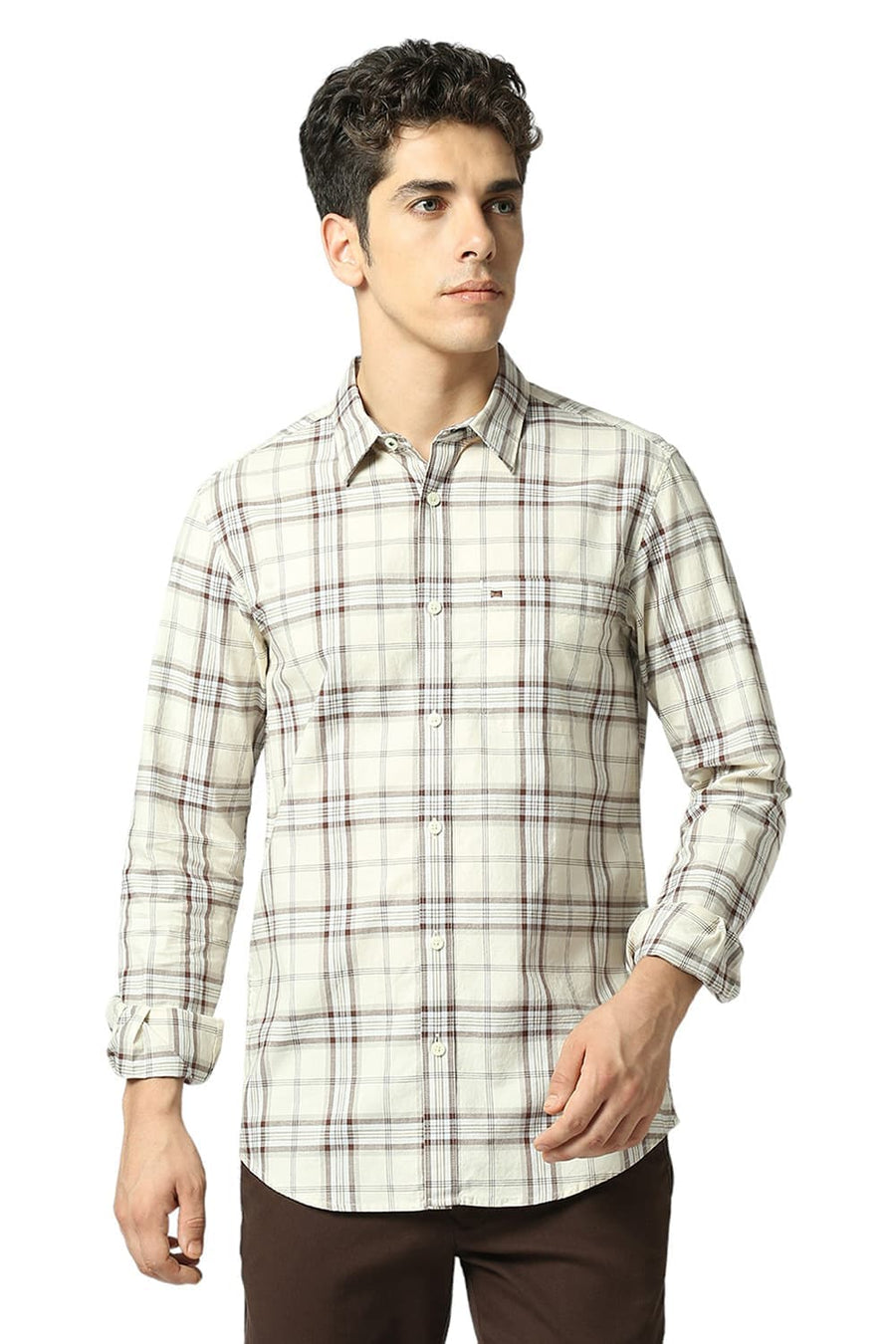 BASICS SLIM FIT DOESKIN BEIGE COTTON MELANGE STRIPE SHIRT