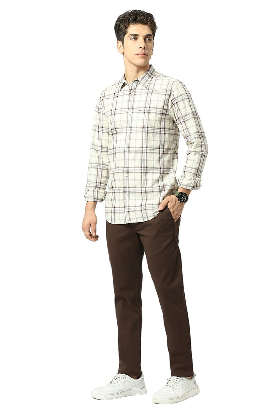 BASICS SLIM FIT DOESKIN BEIGE COTTON MELANGE STRIPE SHIRT