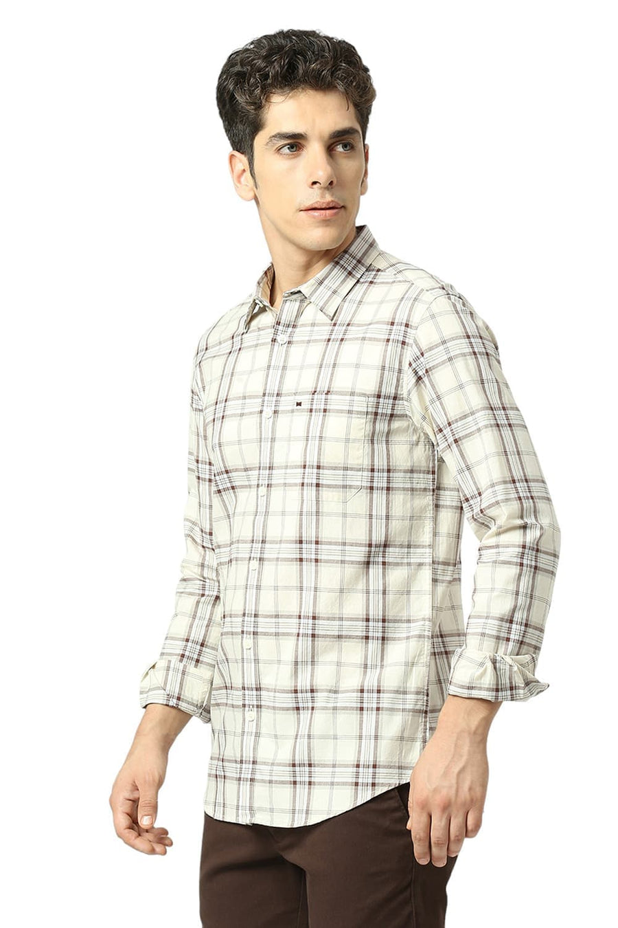 BASICS SLIM FIT DOESKIN BEIGE COTTON MELANGE STRIPE SHIRT