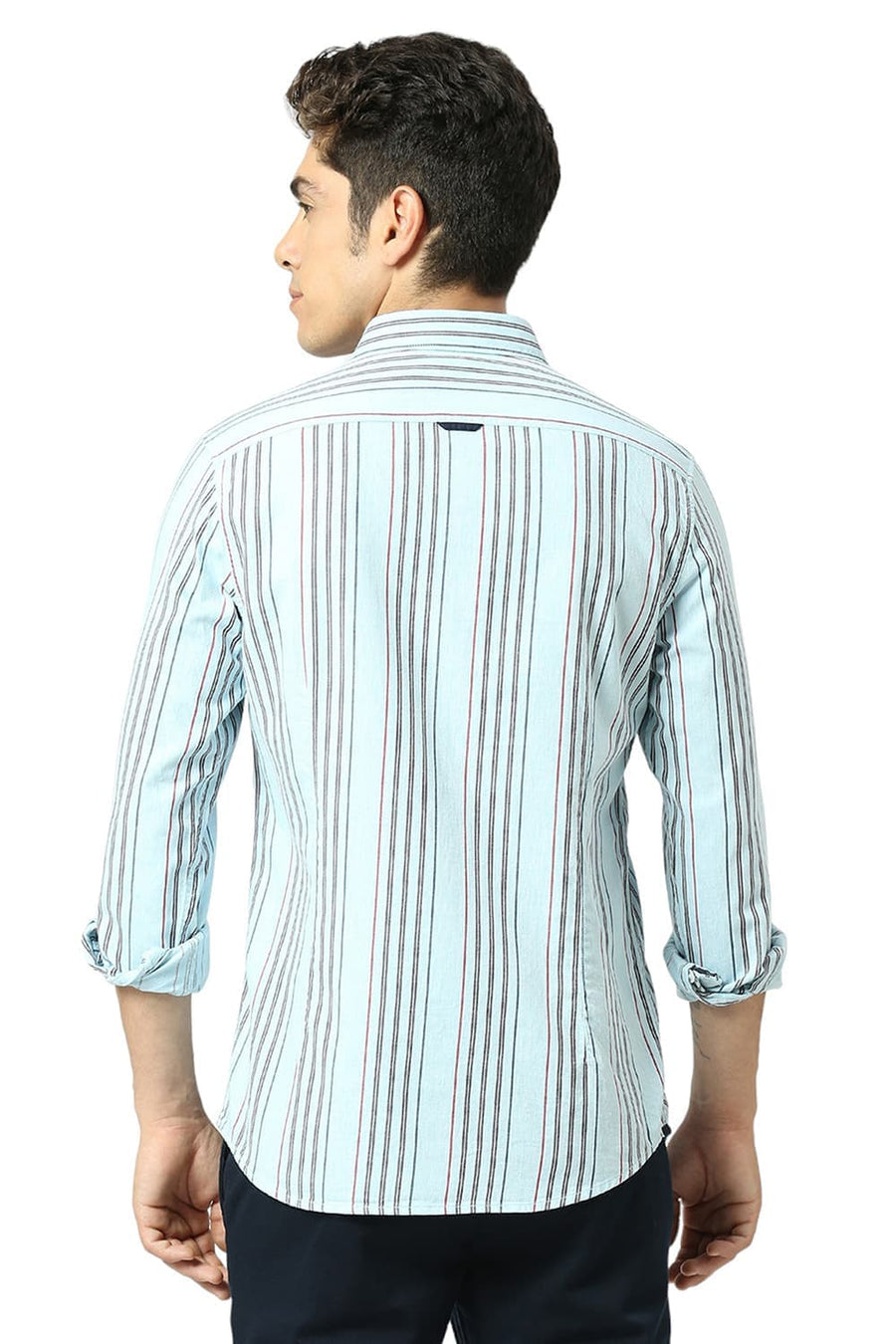 BASICS SLIM FIT SKYLIGHT BLUE COTTON MELANGE STRIPE SHIRT