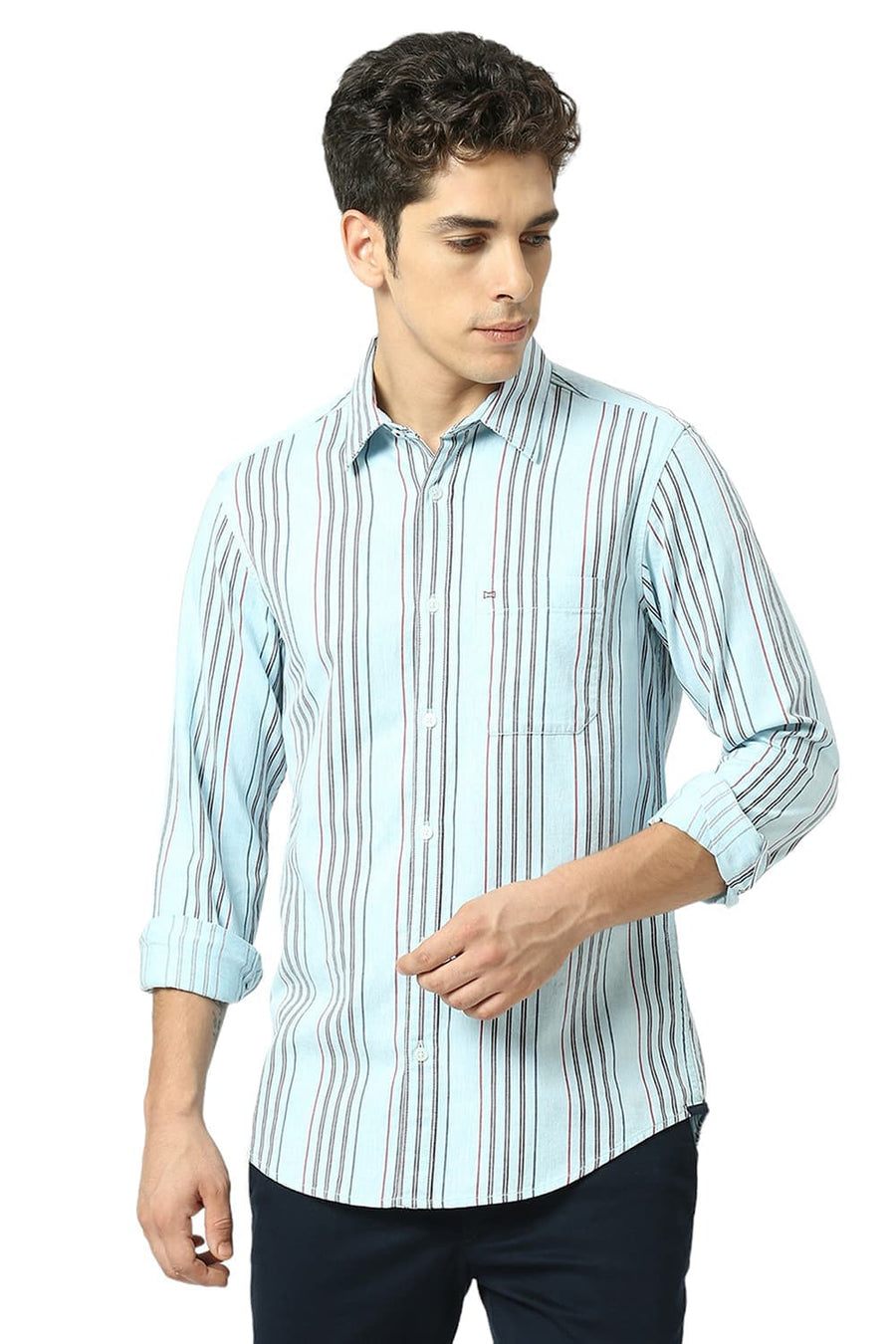 BASICS SLIM FIT SKYLIGHT BLUE COTTON MELANGE STRIPE SHIRT