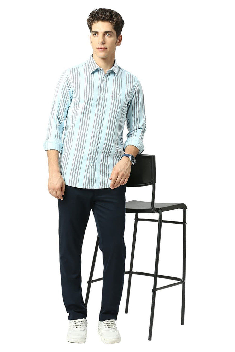 BASICS SLIM FIT SKYLIGHT BLUE COTTON MELANGE STRIPE SHIRT