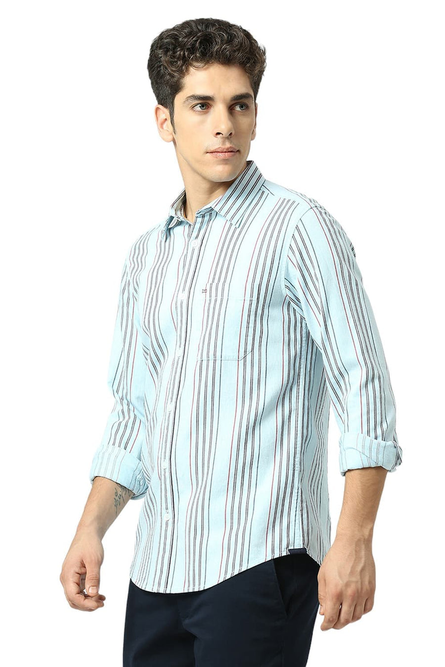 BASICS SLIM FIT SKYLIGHT BLUE COTTON MELANGE STRIPE SHIRT