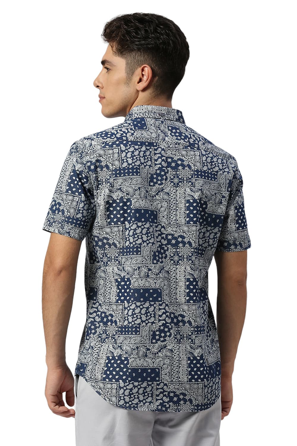 SLIM FIT COTTON INDIGO PRINTED HALFSLEEVES SHIRT