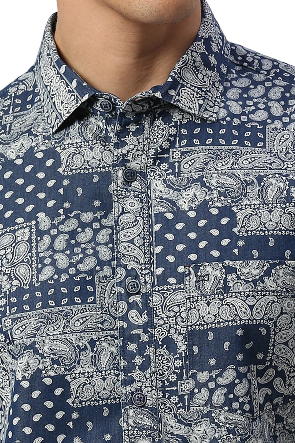 SLIM FIT COTTON INDIGO PRINTED HALFSLEEVES SHIRT