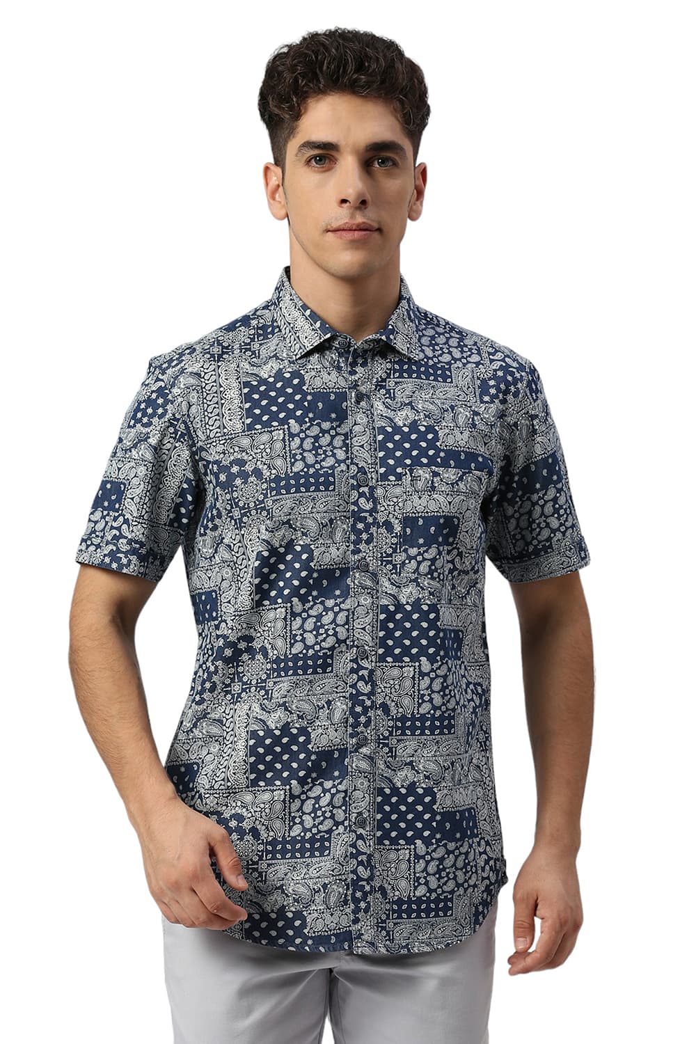 SLIM FIT COTTON INDIGO PRINTED HALFSLEEVES SHIRT