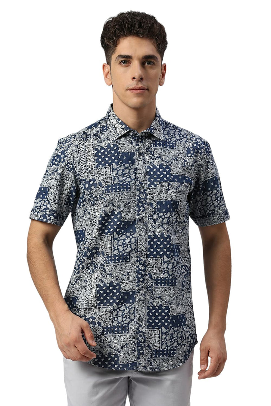 BASICS SLIM FIT BLUE OPAL COTTON INDIGO PRINTED HALFSLEEVES SHIRT