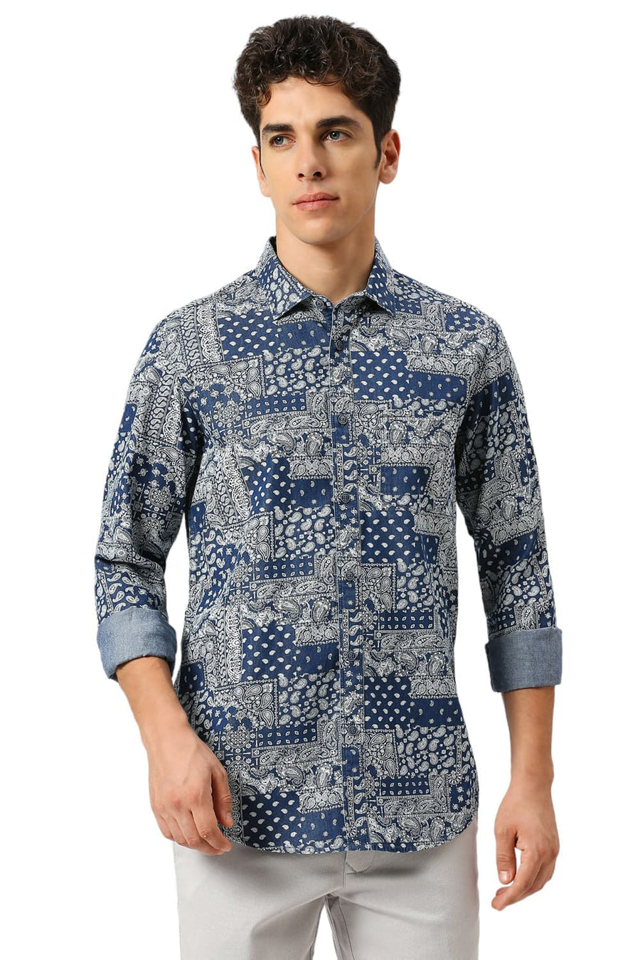 BASICS SLIM FIT BLUE OPAL COTTON INDIGO PRINTED SHIRT