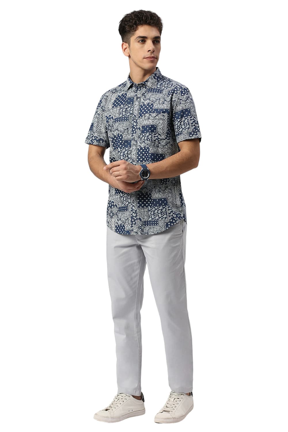 SLIM FIT COTTON INDIGO PRINTED HALFSLEEVES SHIRT