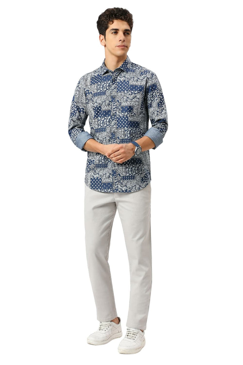 SLIM FIT COTTON INDIGO PRINTED SHIRT