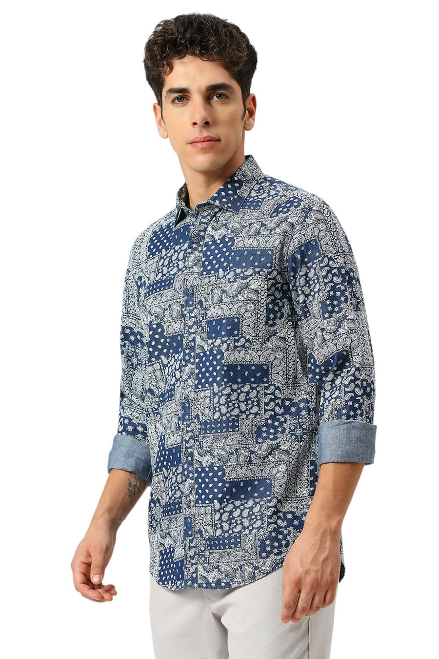 BASICS SLIM FIT BLUE OPAL COTTON INDIGO PRINTED SHIRT