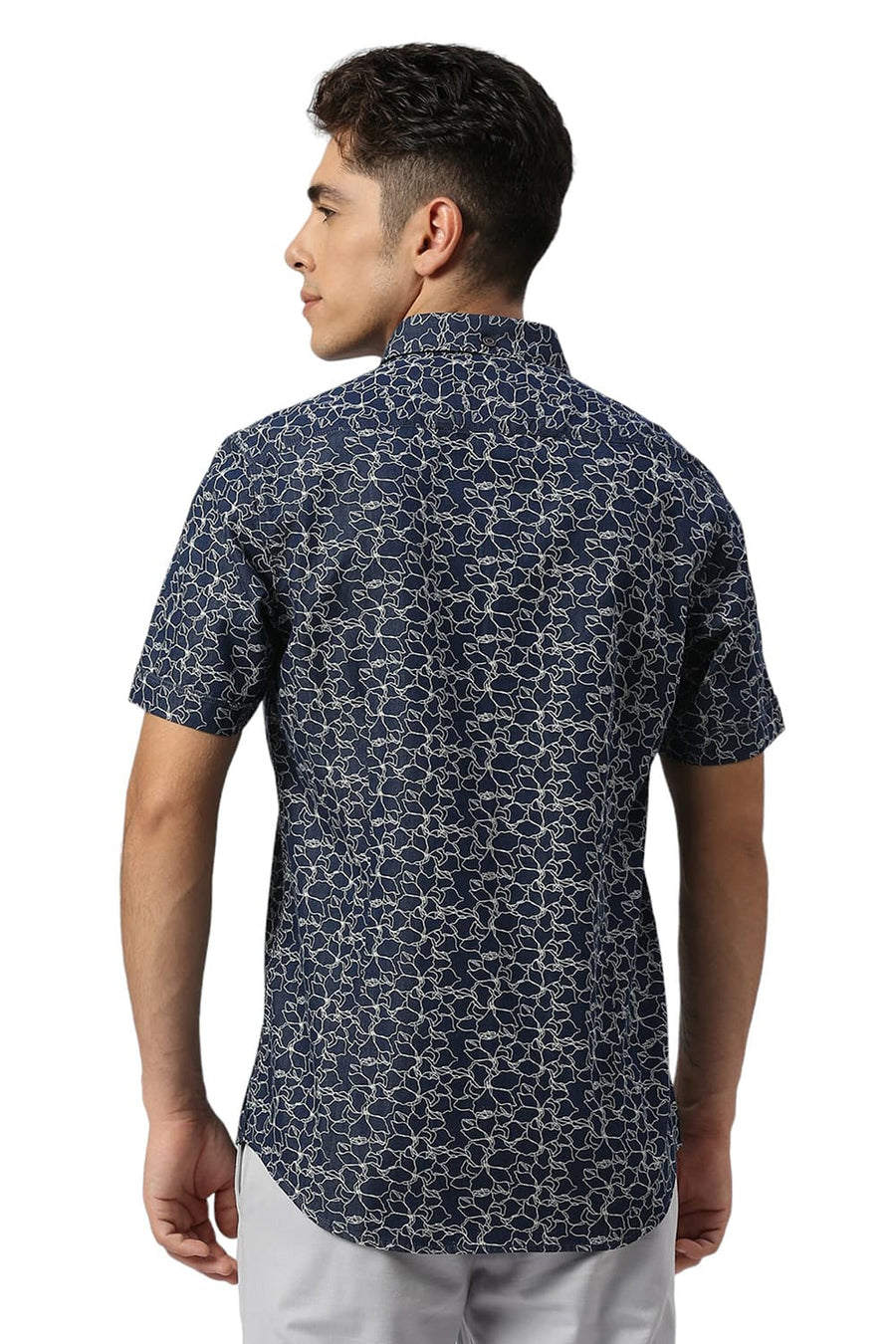 BASICS SLIM FIT SEA BLUE COTTON INDIGO PRINTED HALFSLEEVES SHIRT
