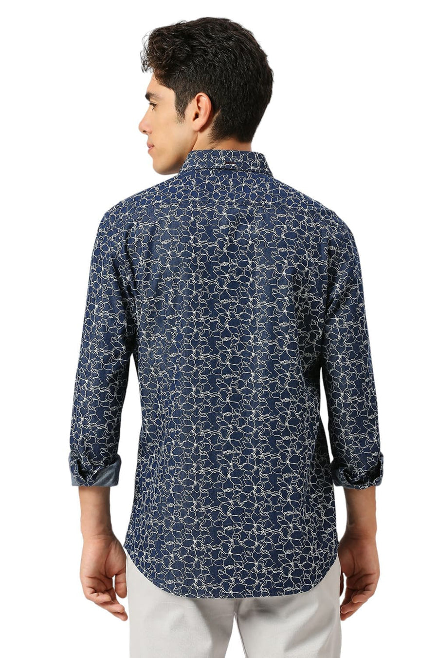 BASICS SLIM FIT SEA BLUE COTTON INDIGO PRINTED SHIRT
