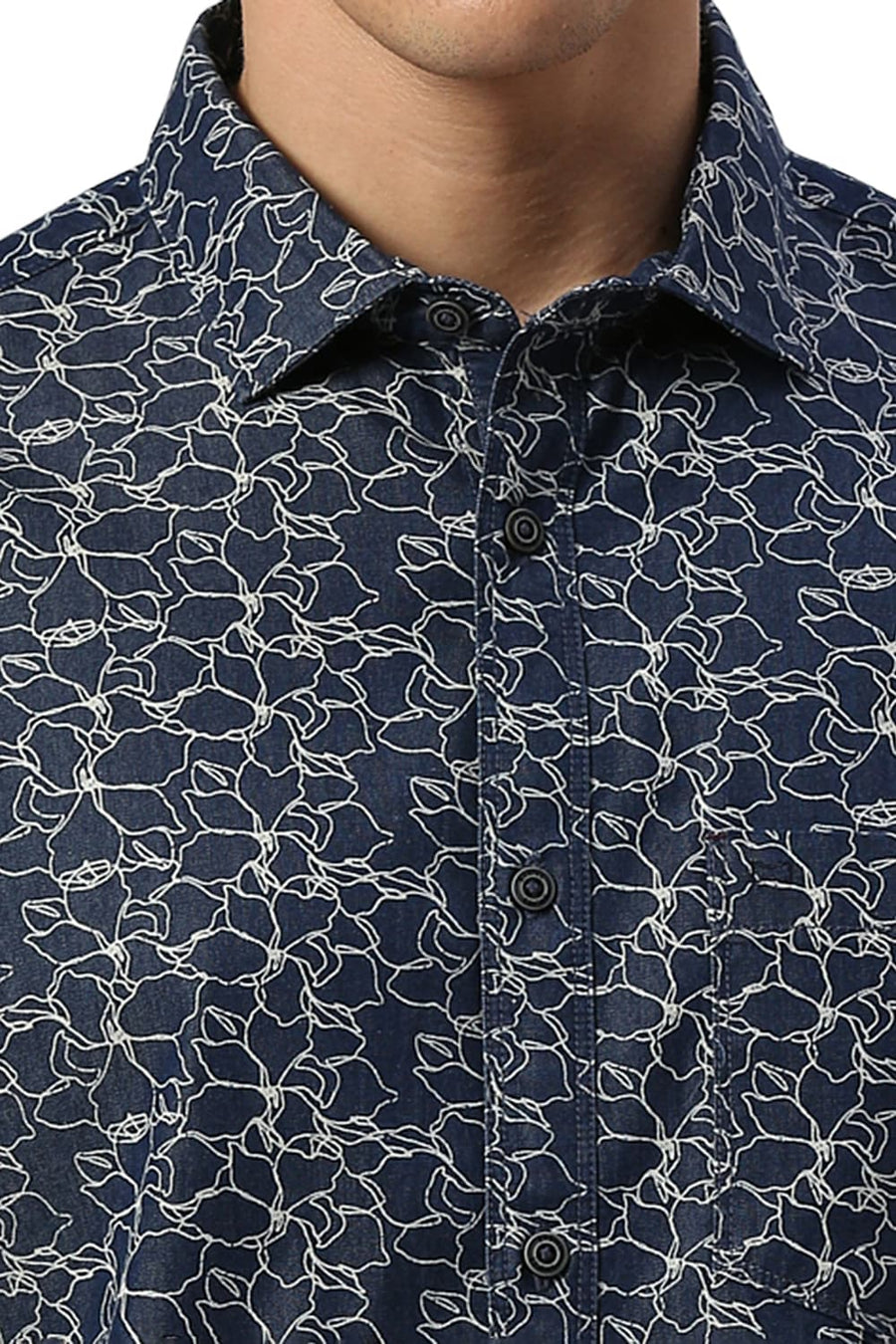 BASICS SLIM FIT SEA BLUE COTTON INDIGO PRINTED HALFSLEEVES SHIRT