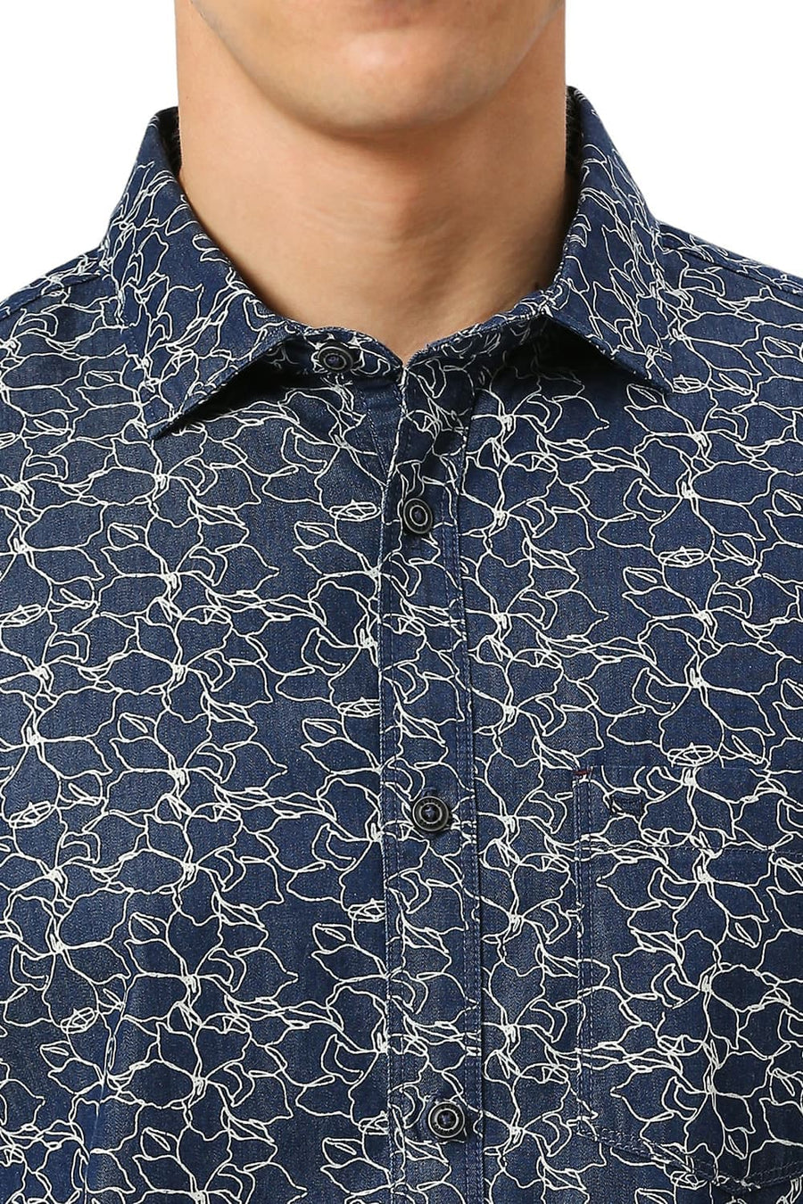 BASICS SLIM FIT SEA BLUE COTTON INDIGO PRINTED SHIRT
