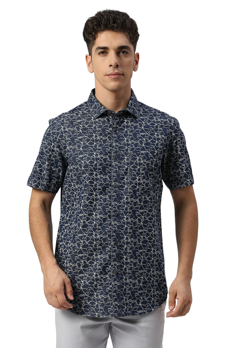 BASICS SLIM FIT SEA BLUE COTTON INDIGO PRINTED HALFSLEEVES SHIRT