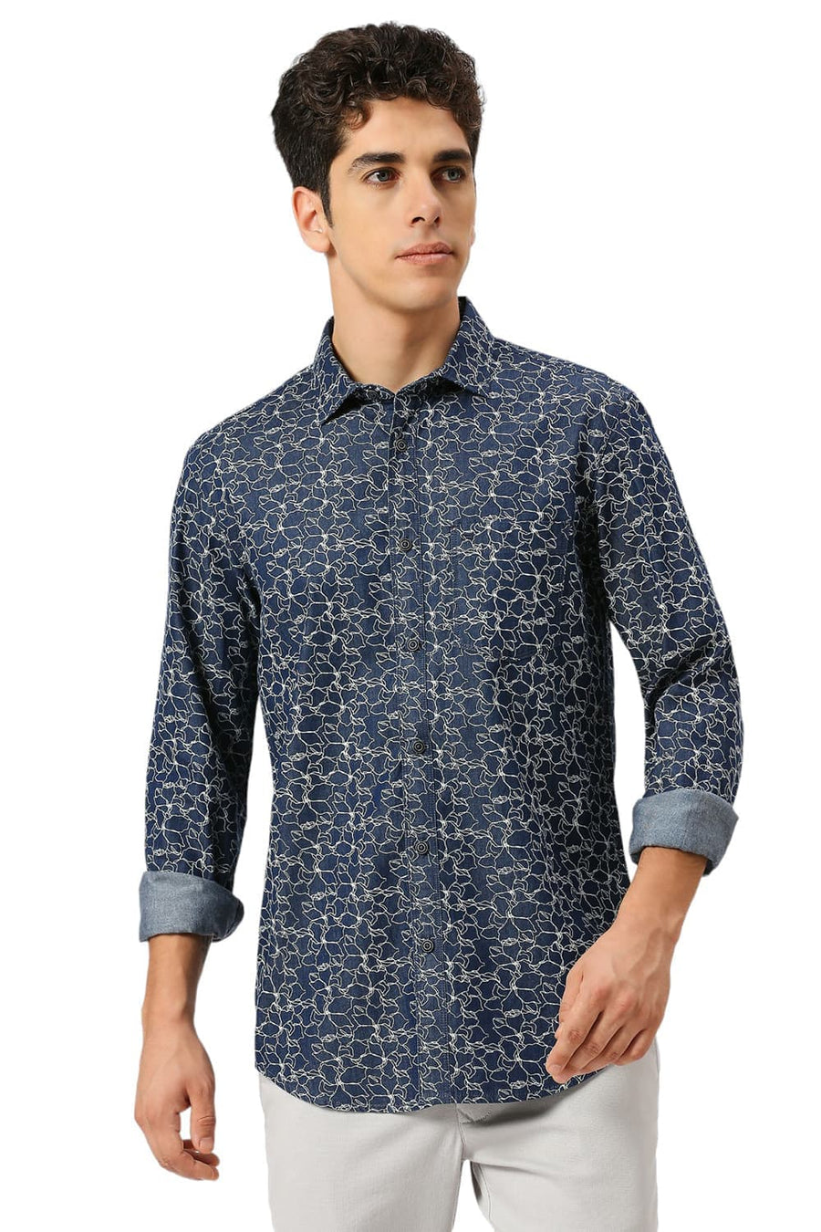 BASICS SLIM FIT SEA BLUE COTTON INDIGO PRINTED SHIRT
