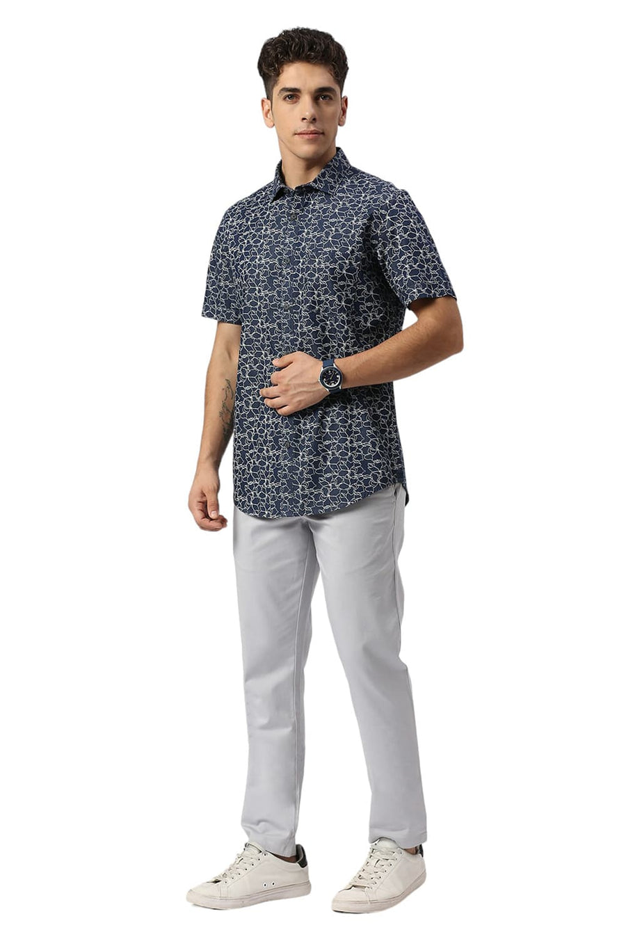 BASICS SLIM FIT SEA BLUE COTTON INDIGO PRINTED HALFSLEEVES SHIRT