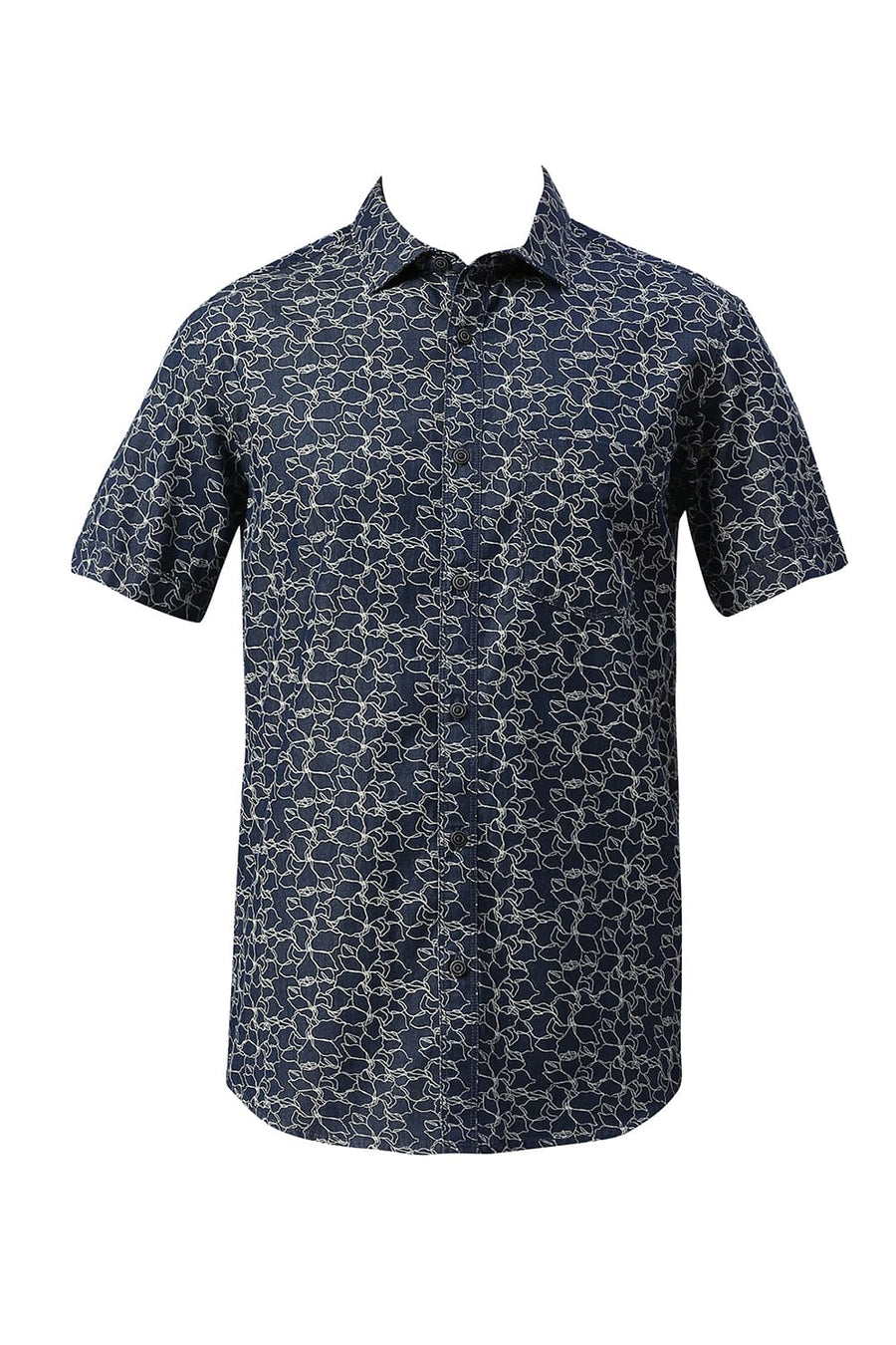 BASICS SLIM FIT SEA BLUE COTTON INDIGO PRINTED HALFSLEEVES SHIRT