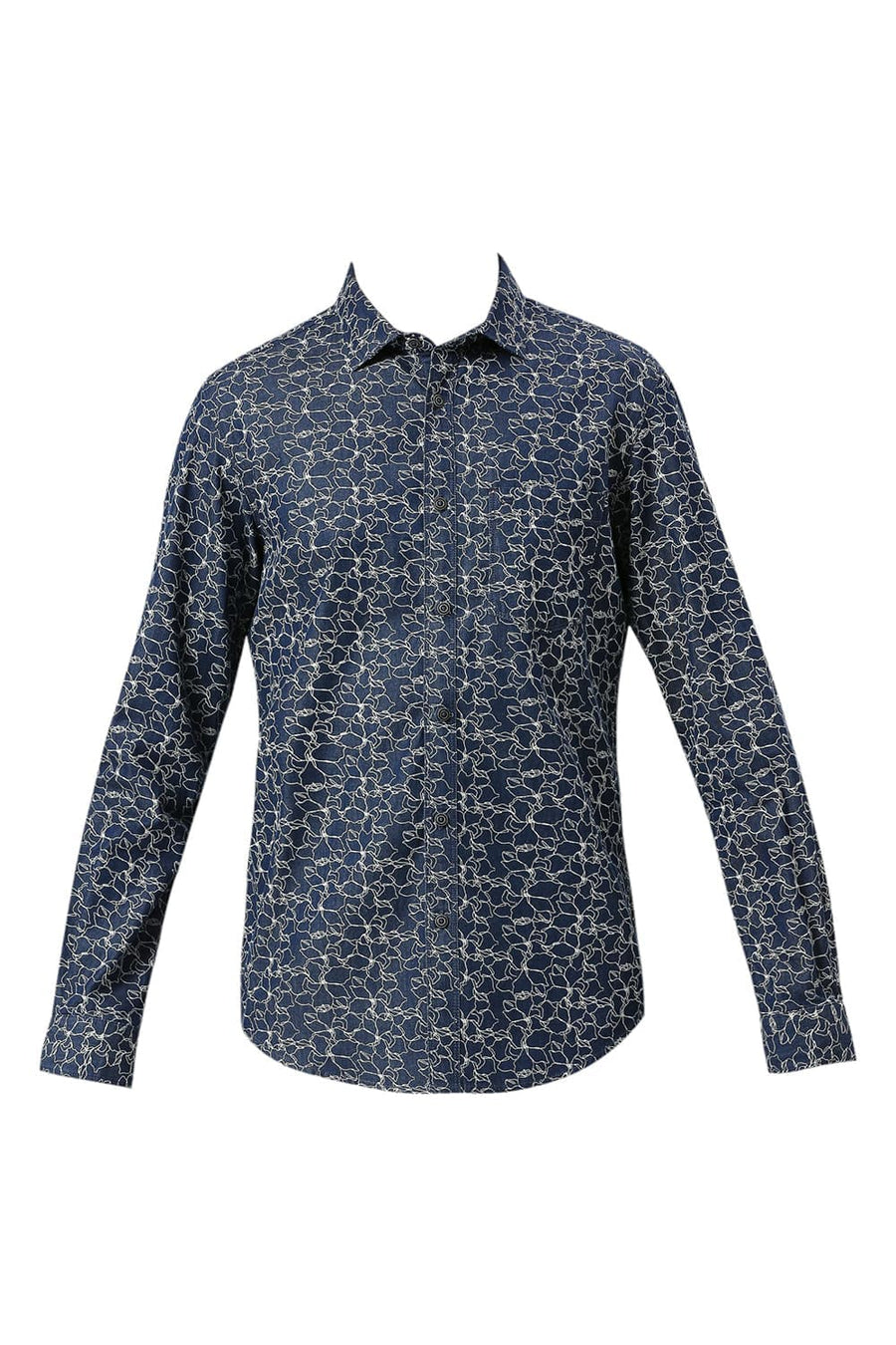 BASICS SLIM FIT SEA BLUE COTTON INDIGO PRINTED SHIRT