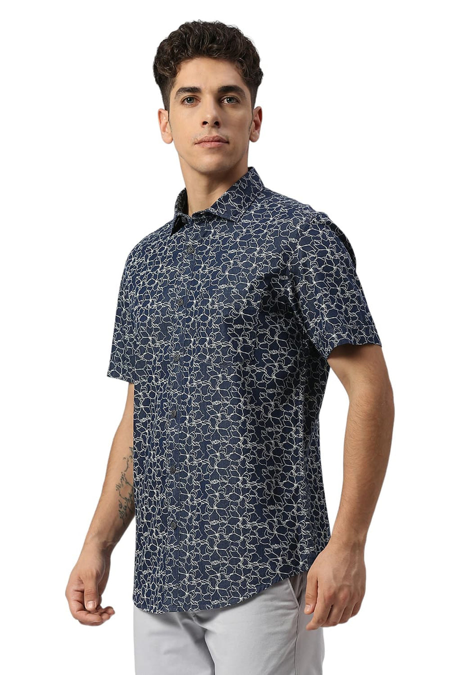 BASICS SLIM FIT SEA BLUE COTTON INDIGO PRINTED HALFSLEEVES SHIRT