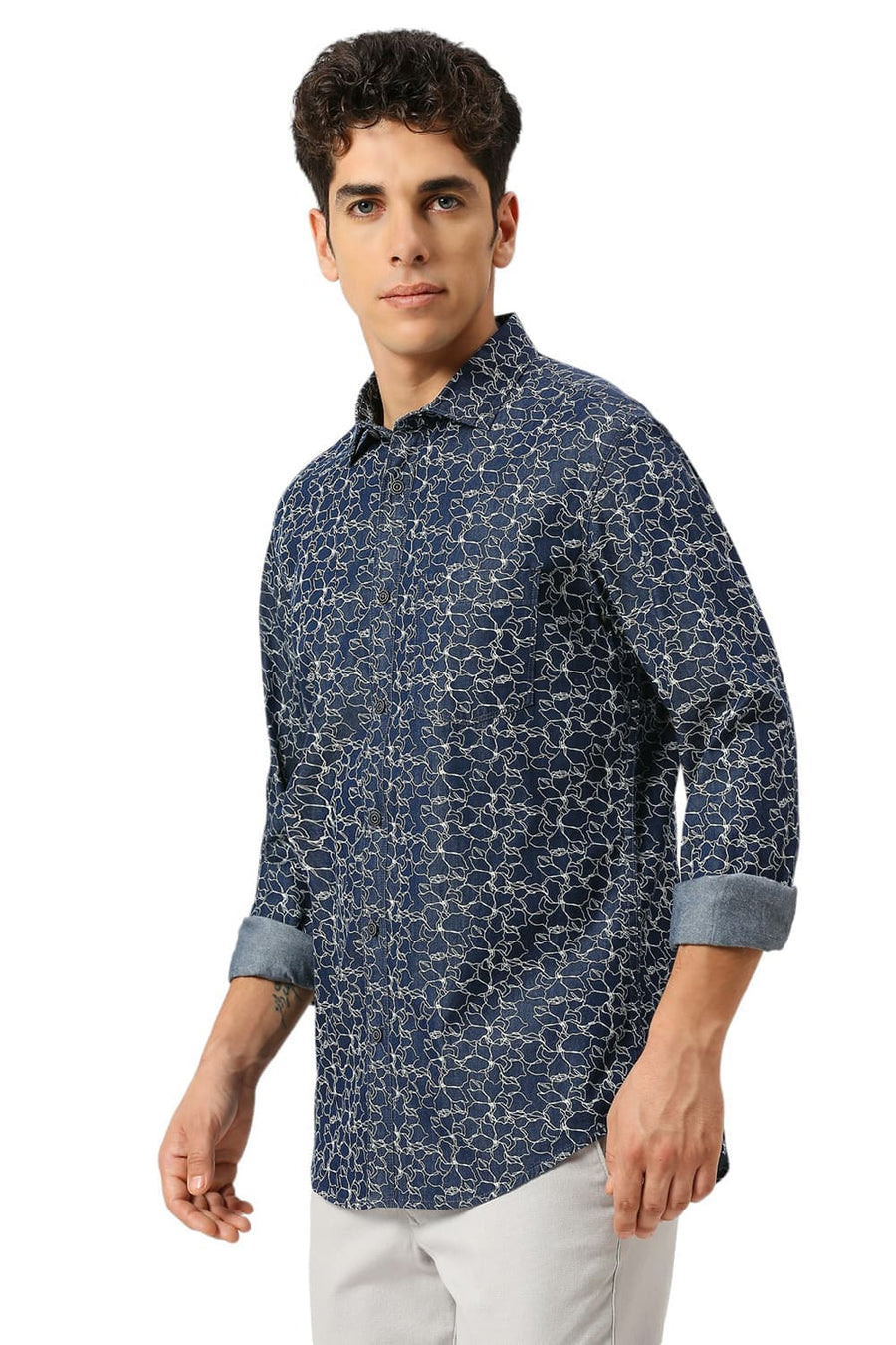BASICS SLIM FIT SEA BLUE COTTON INDIGO PRINTED SHIRT