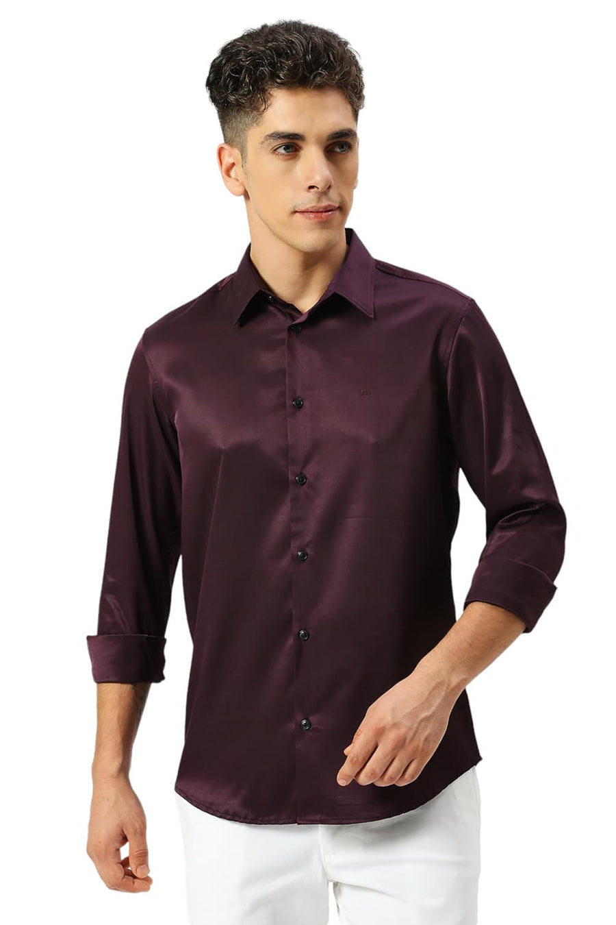 BASICS SLIM FIT PLUM PURPLE POLYESTER STRETCH SHIRT