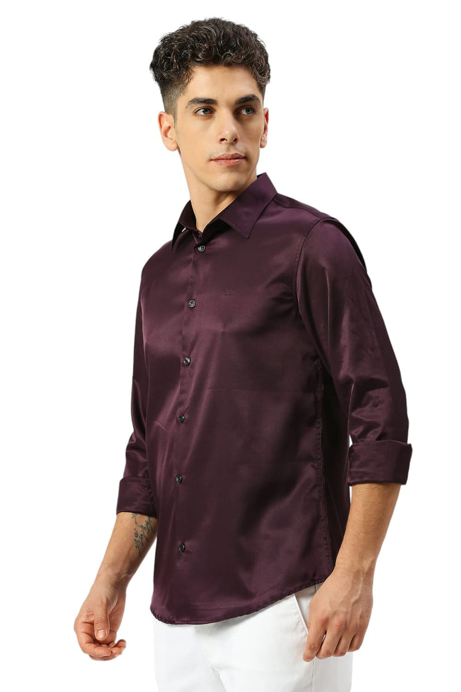 BASICS SLIM FIT PLUM PURPLE POLYESTER STRETCH SHIRT