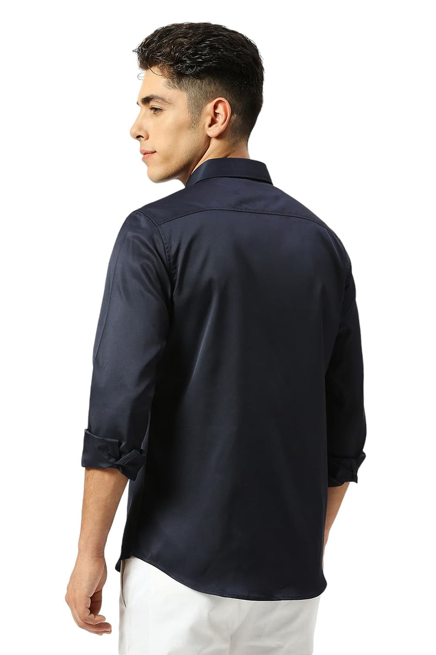 BASICS SLIM FIT OVERTURE NAVY POLYESTER STRETCH SHIRT