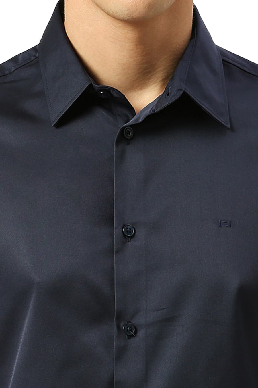 BASICS SLIM FIT OVERTURE NAVY POLYESTER STRETCH SHIRT