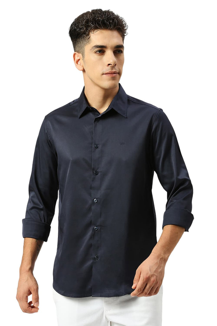 BASICS SLIM FIT OVERTURE NAVY POLYESTER STRETCH SHIRT