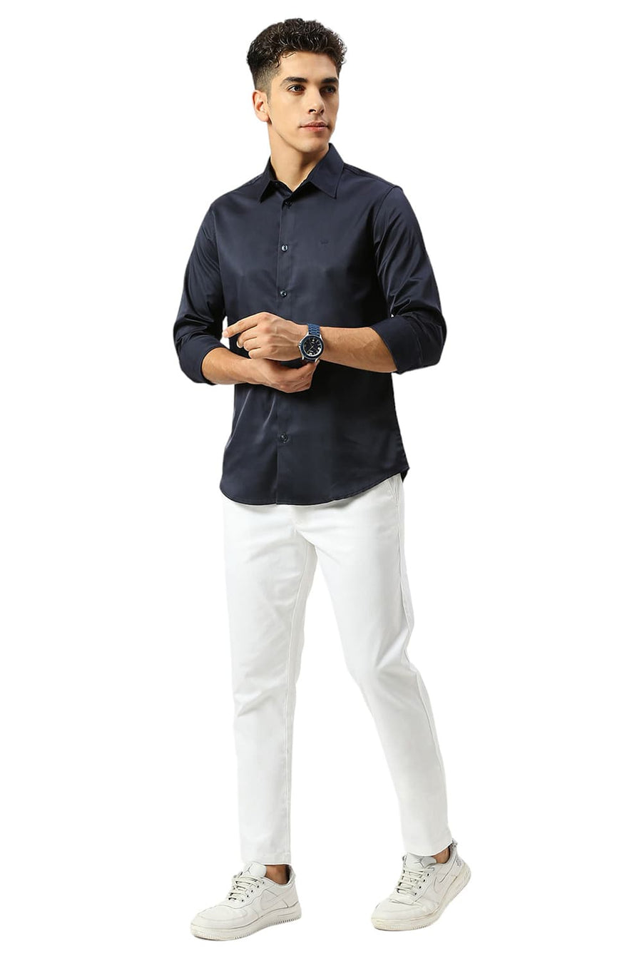 BASICS SLIM FIT OVERTURE NAVY POLYESTER STRETCH SHIRT