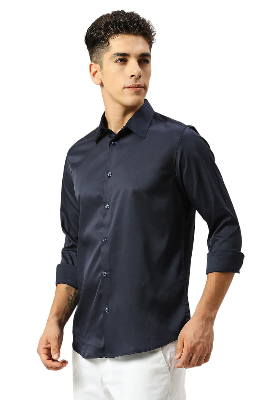 BASICS SLIM FIT OVERTURE NAVY POLYESTER STRETCH SHIRT