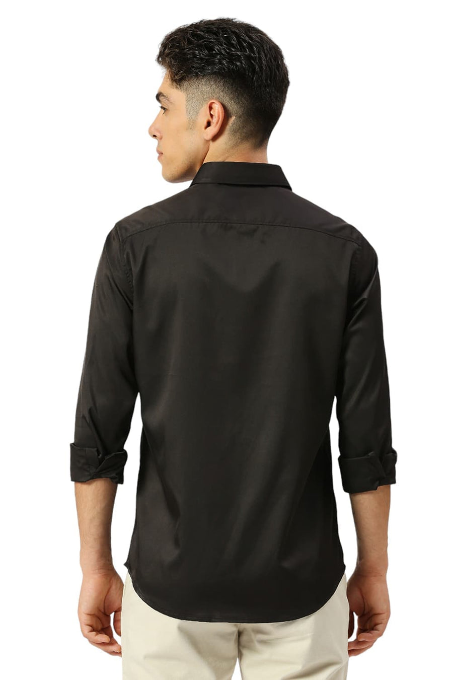 BASICS SLIM FIT SAND BLACK POLYESTER STRETCH SHIRT