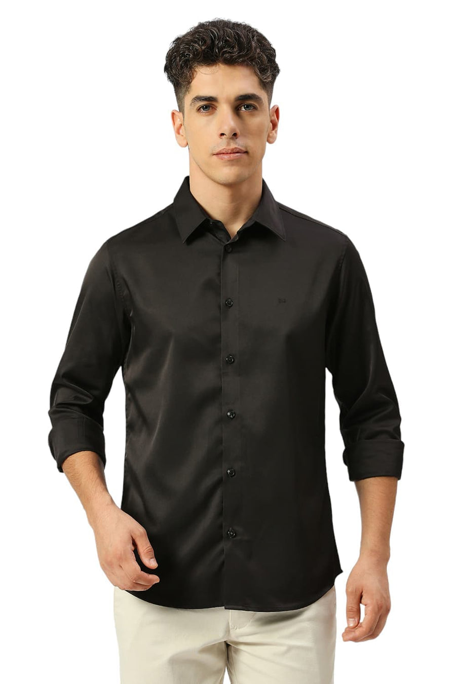 BASICS SLIM FIT SAND BLACK POLYESTER STRETCH SHIRT