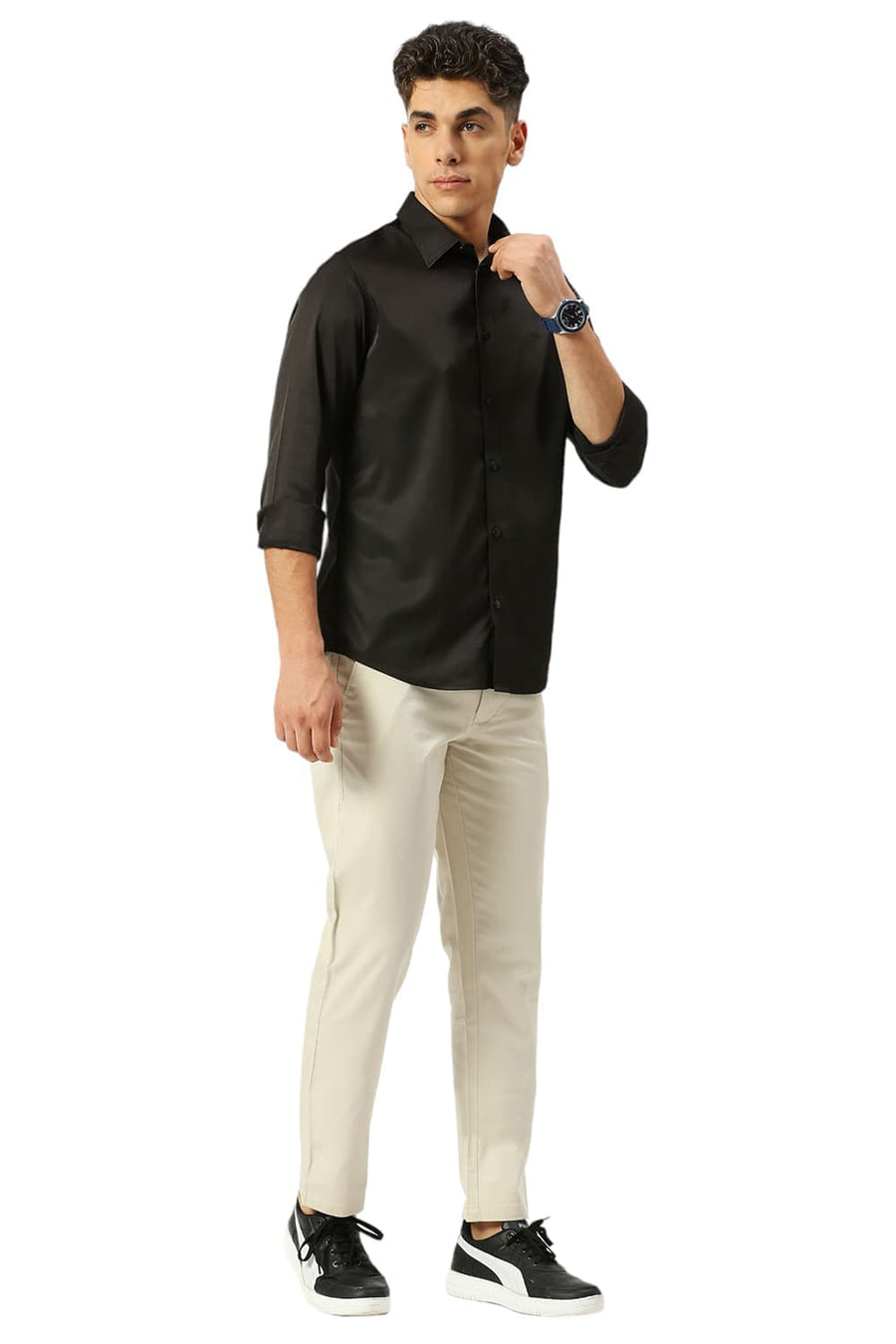 BASICS SLIM FIT SAND BLACK POLYESTER STRETCH SHIRT
