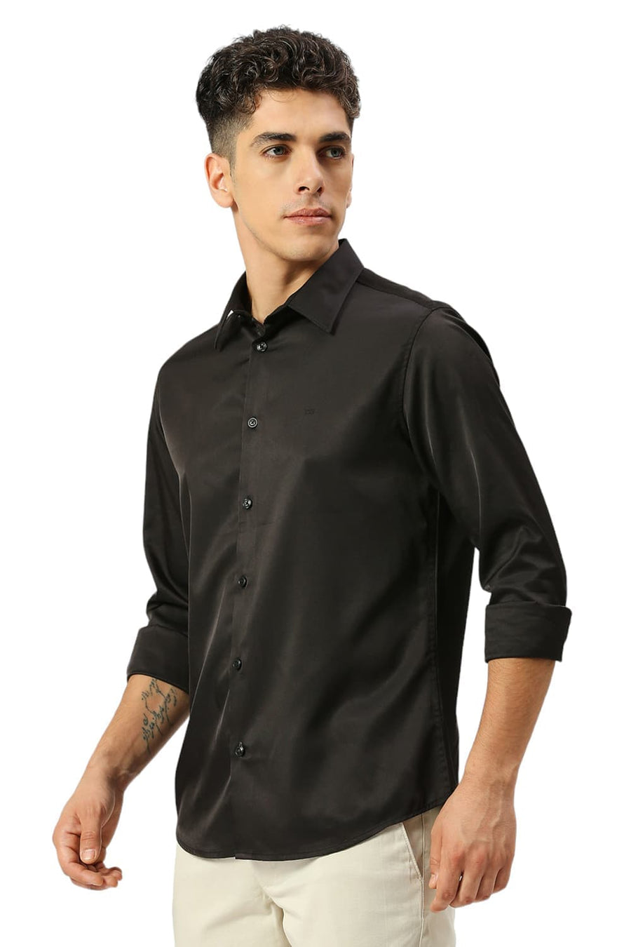 BASICS SLIM FIT SAND BLACK POLYESTER STRETCH SHIRT