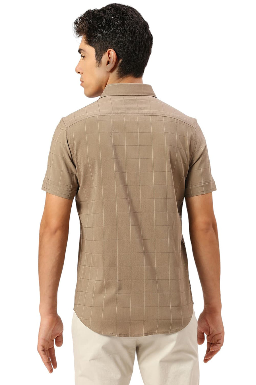 BASICS SLIM FIT TWIG BROWN VISCOSE POLYESTER STRETCH DOBBY CHECKS HALFSLEEVES SHIRT