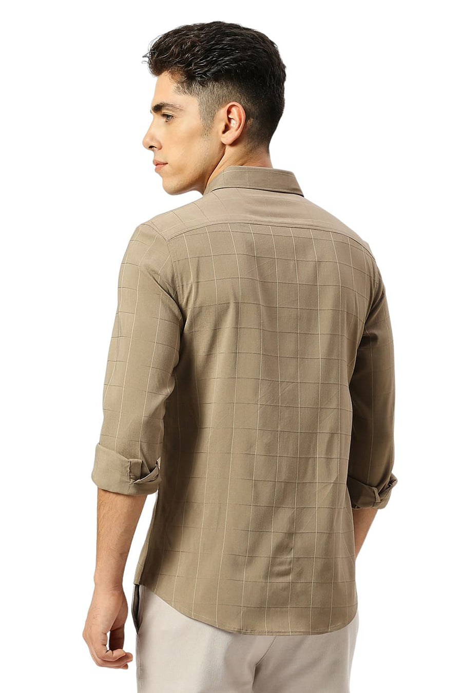 BASICS SLIM FIT TWIG BROWN VISCOSE POLYESTER STRETCH DOBBY CHECKS SHIRT