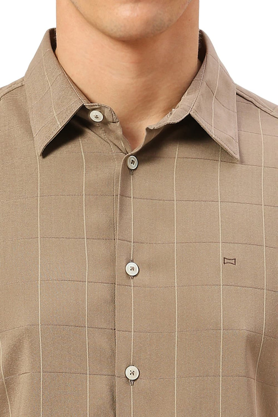 BASICS SLIM FIT TWIG BROWN VISCOSE POLYESTER STRETCH DOBBY CHECKS HALFSLEEVES SHIRT