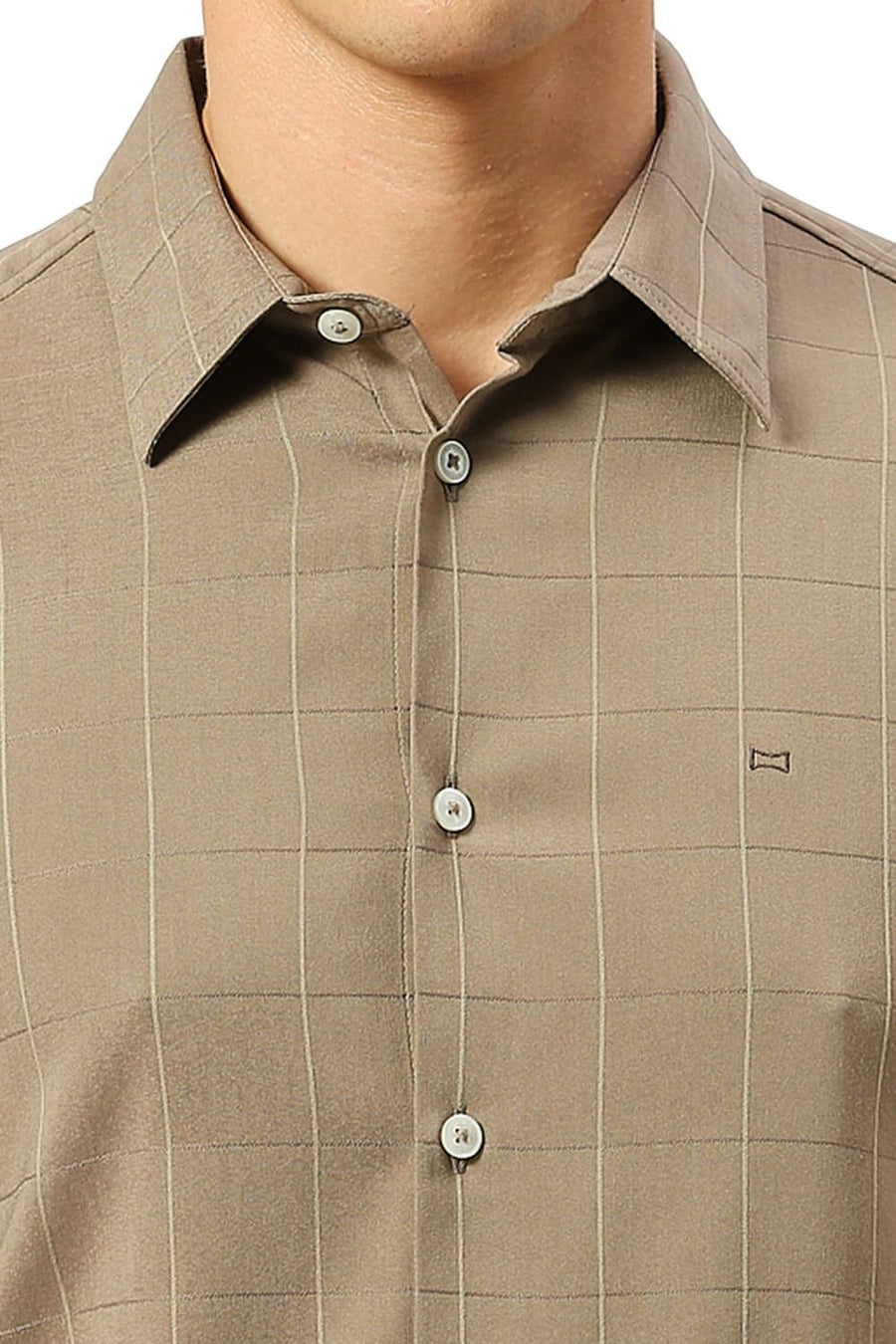BASICS SLIM FIT TWIG BROWN VISCOSE POLYESTER STRETCH DOBBY CHECKS SHIRT